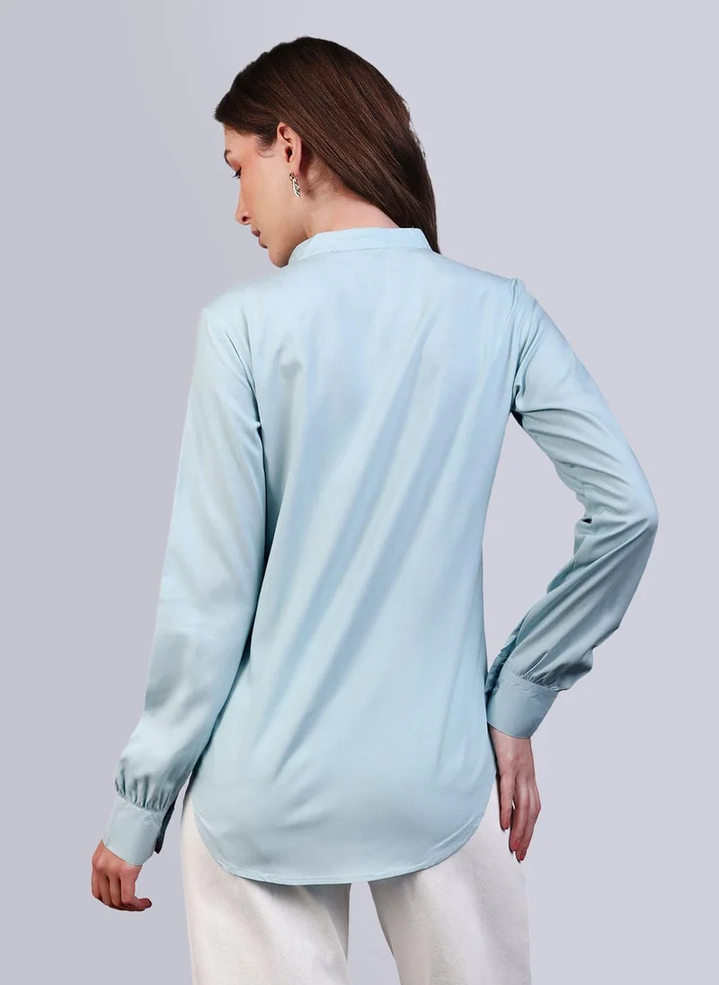 Urbano Fashion  Urbano Fashion Women's Light Sky Blue Modal Viscose Full Sleeve Regular Fit Casual Solid Shirt with Mandarin Collar for Women | Best Price UAE